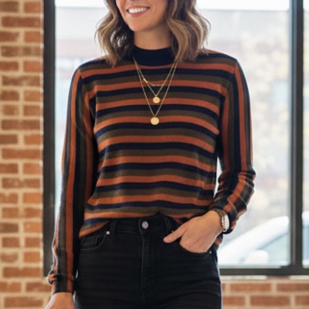 Iris & Ink Striped Navy and Brown Women’s Wool Sweater